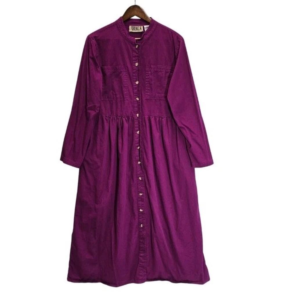 Vtg 80s Forenza Cotton Midi Shirtdress 16 Magenta Berry Purple Prairie Dress